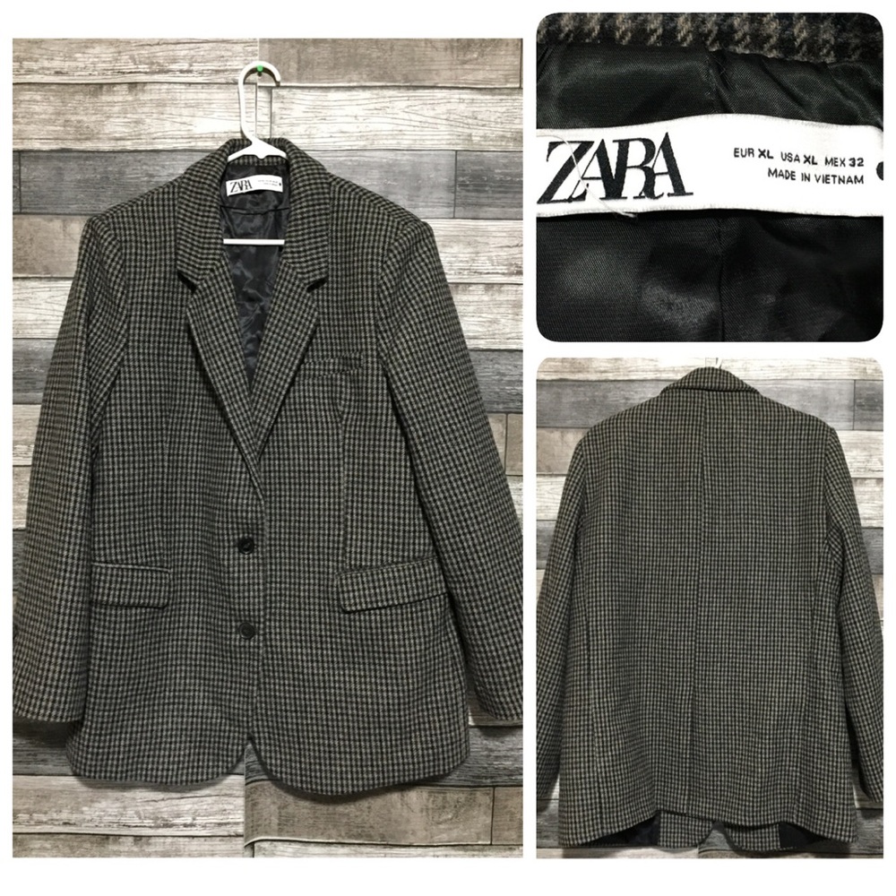 Zara Plaid Wool Blend Blazer Women’s XL Tan Brown 2 Button Tweed